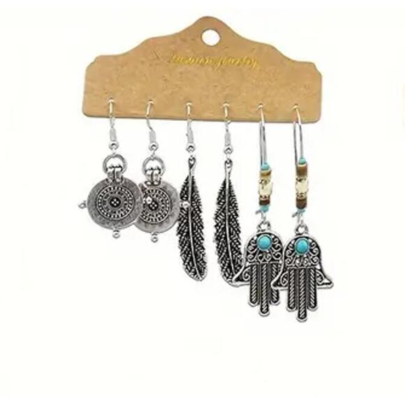 NEW Set of 3 Boho Western Silver Dangle Earrings – turquoise jewelry, Hamsa - Picture 2 of 2